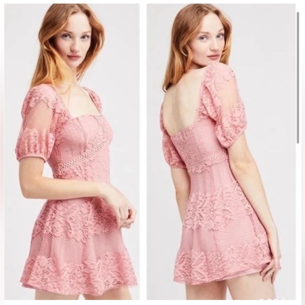 FREE PEOPLE Be My Baby Pink women Lace Mini Dress Large - Picture 2 of 8